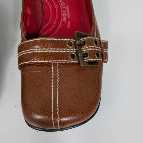 Vintage Y2K Kitten Heel Loafers 7 Brown Buckle Squre Toe Academia Twee Chunky - Picture 9 of 16